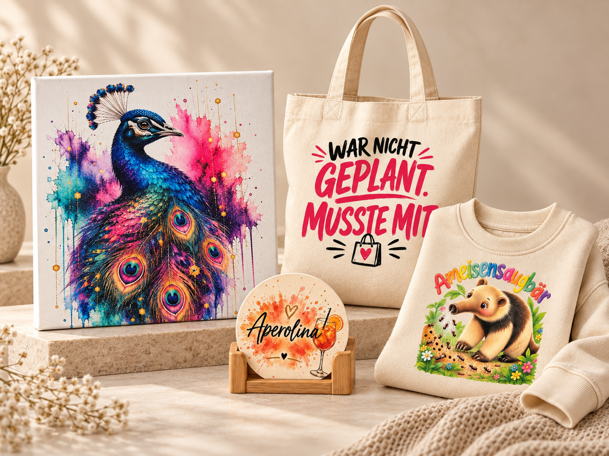 Klar, zum Kopieren:  **Kollektionsbild Bird of Paradise Originals mit Pfauen-Leinwand, Stofftasche, Ameisensaugbär-Kinderpullover und Aperolina-Bierdeckel