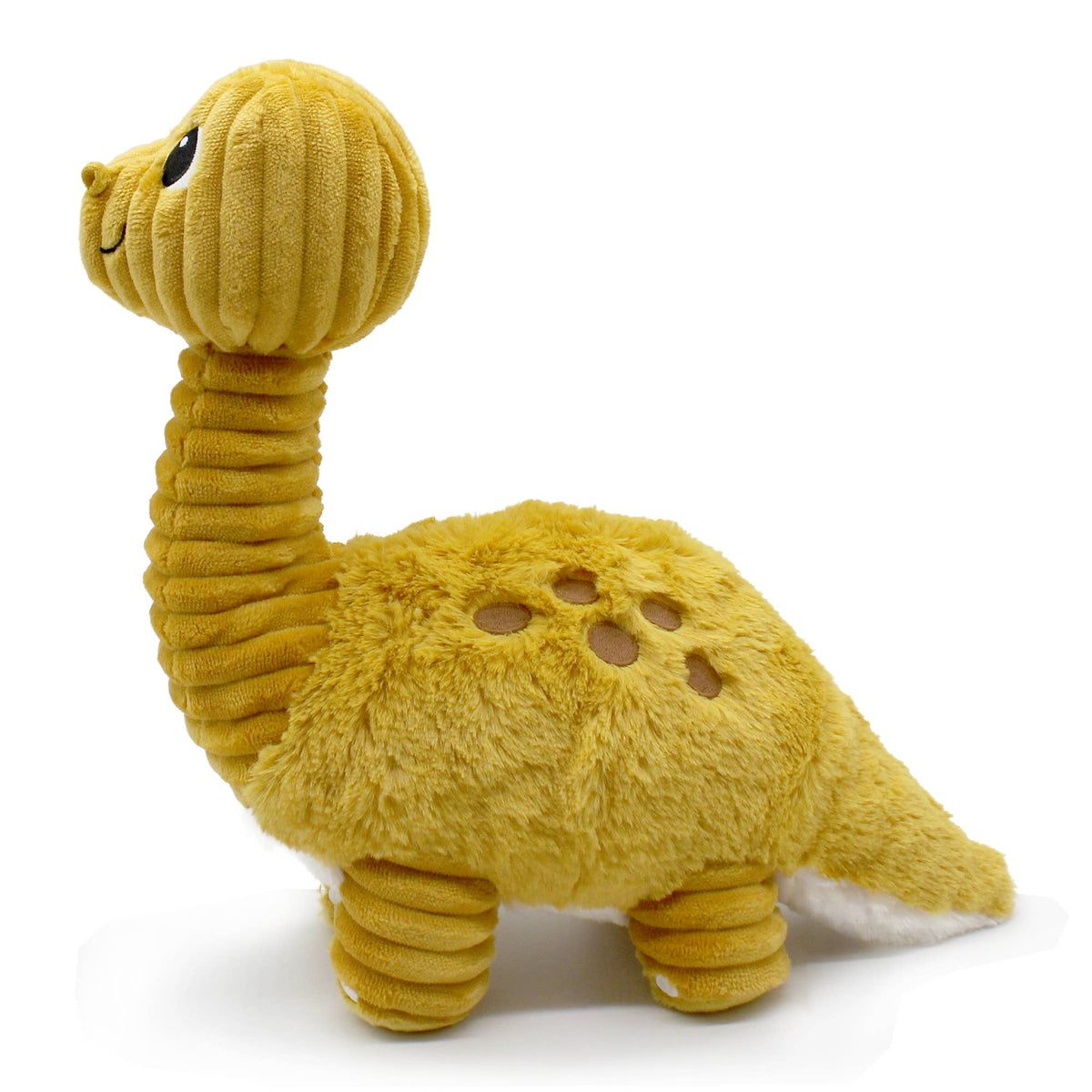 Seitenansicht des gelben Diplodocus-Kuscheltieres mit langem Hals, braunen Flecken und Schwanz
