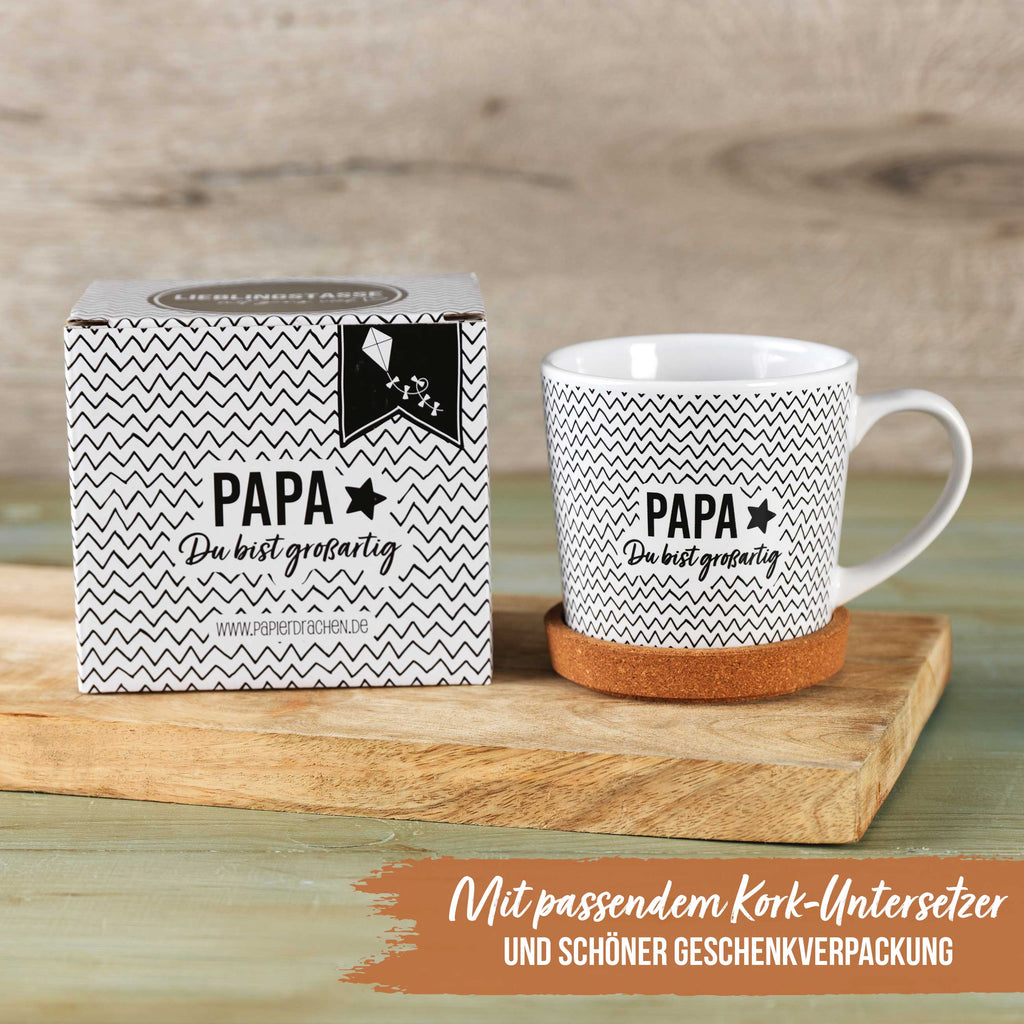 Tasse „Papa du bist wunderbar“ – Keramiktasse mit Motiv & Korkuntersetzer