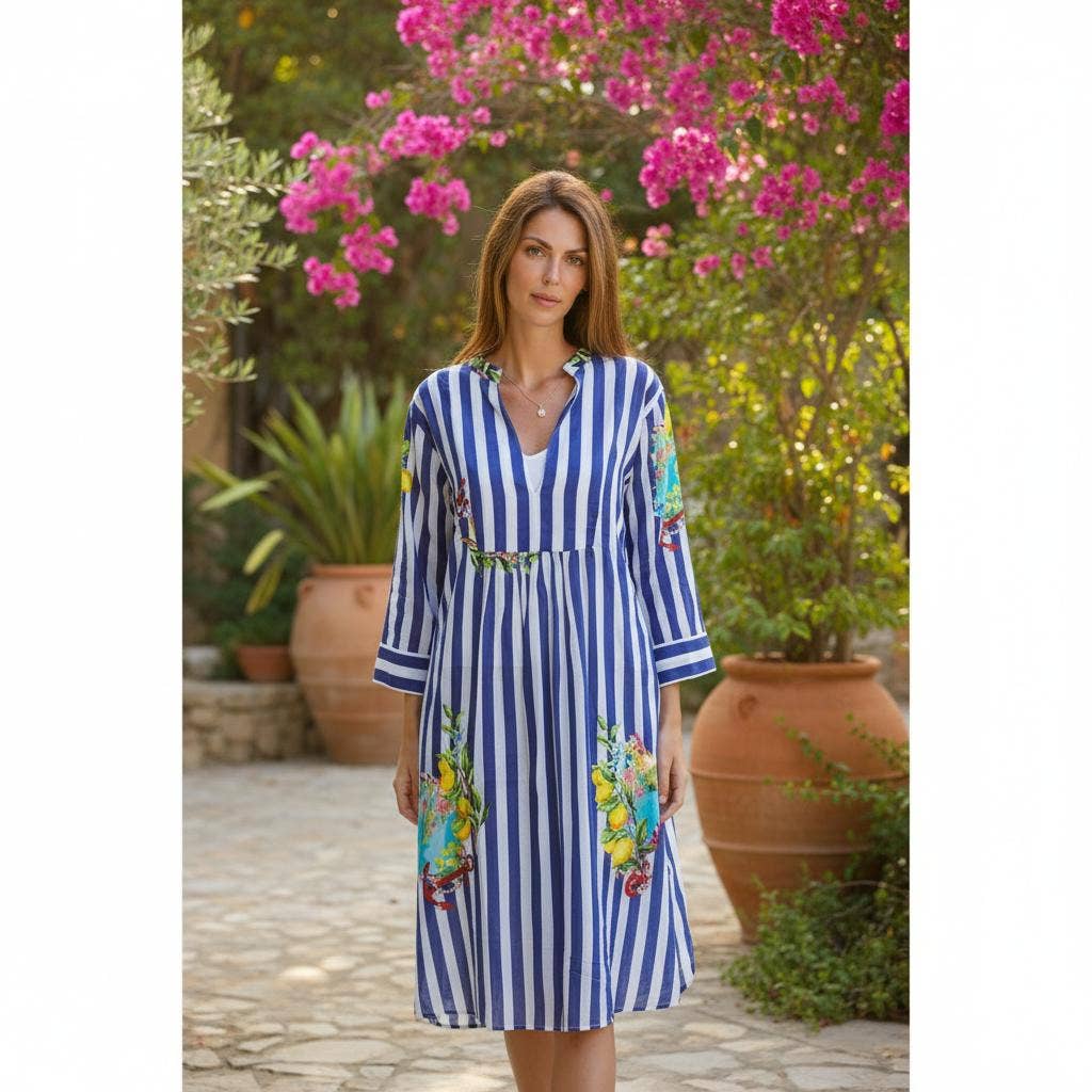 Isla Bonita by SIGRIS Midi-Kleid – Streifen & Blumen, 100% Baumwolle