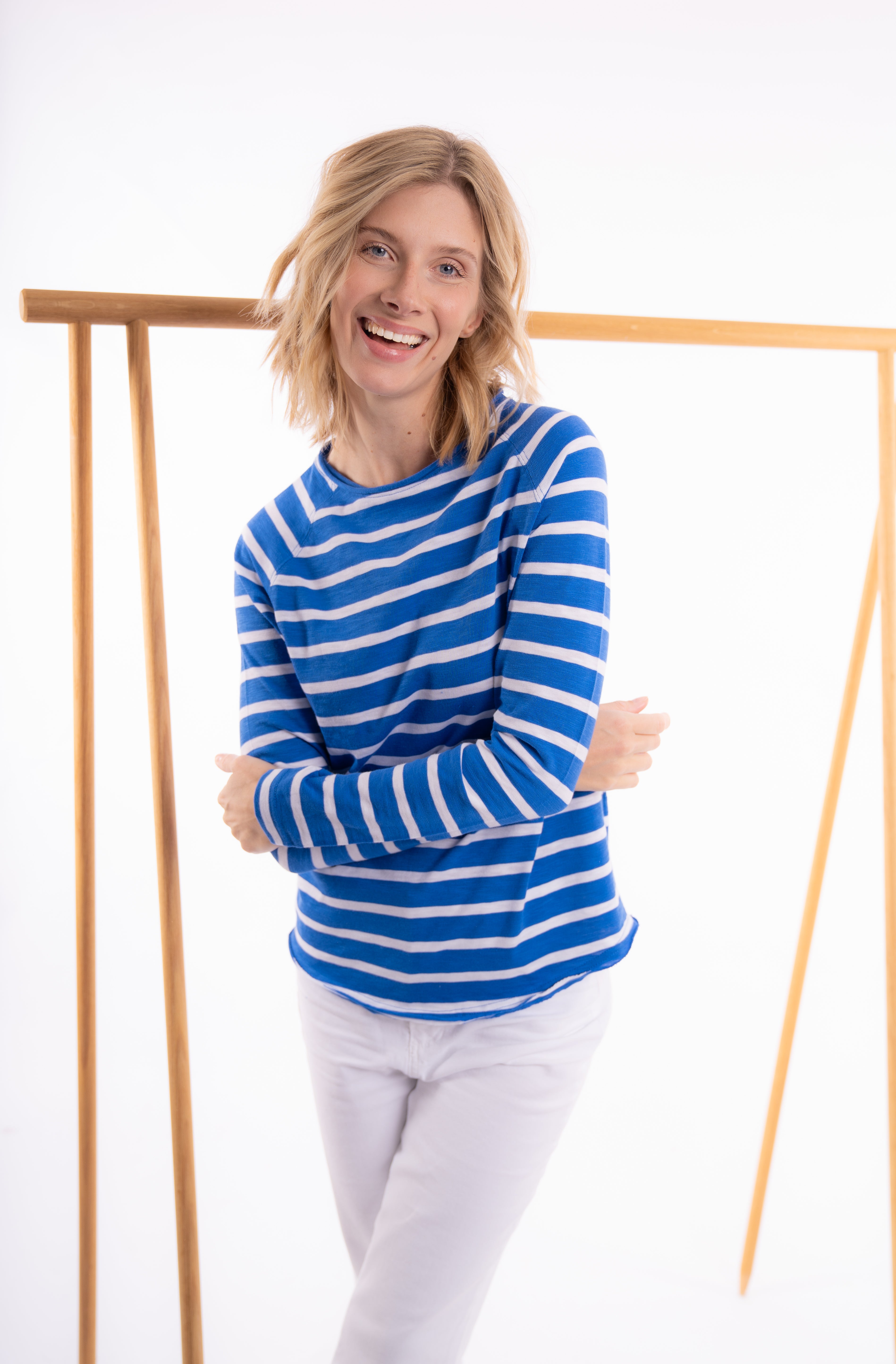 Sweatshirt Ringel aus Flammgarn mit Raglan, Blau - Weiss