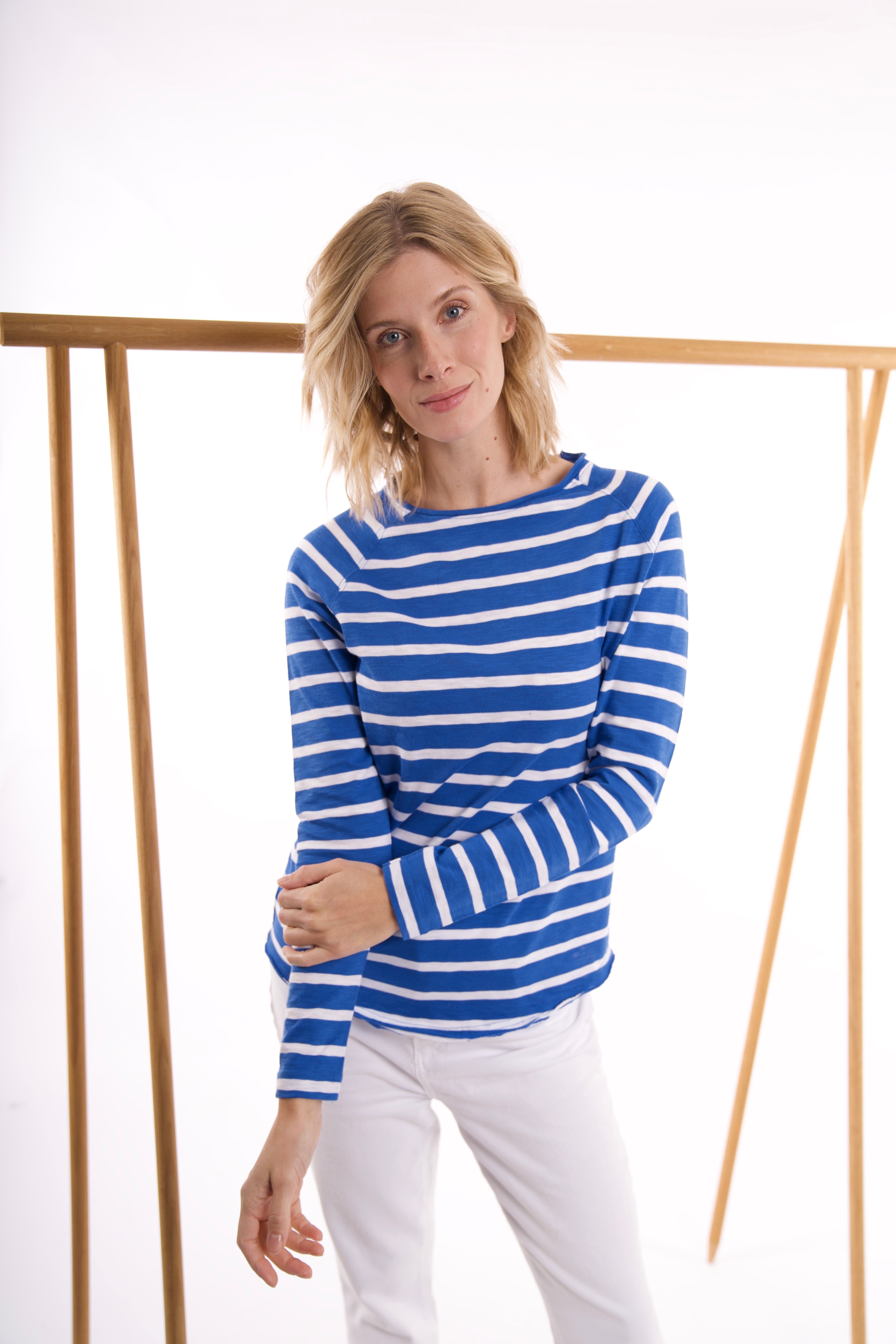 Sweatshirt Ringel aus Flammgarn mit Raglan, Blau - Weiss