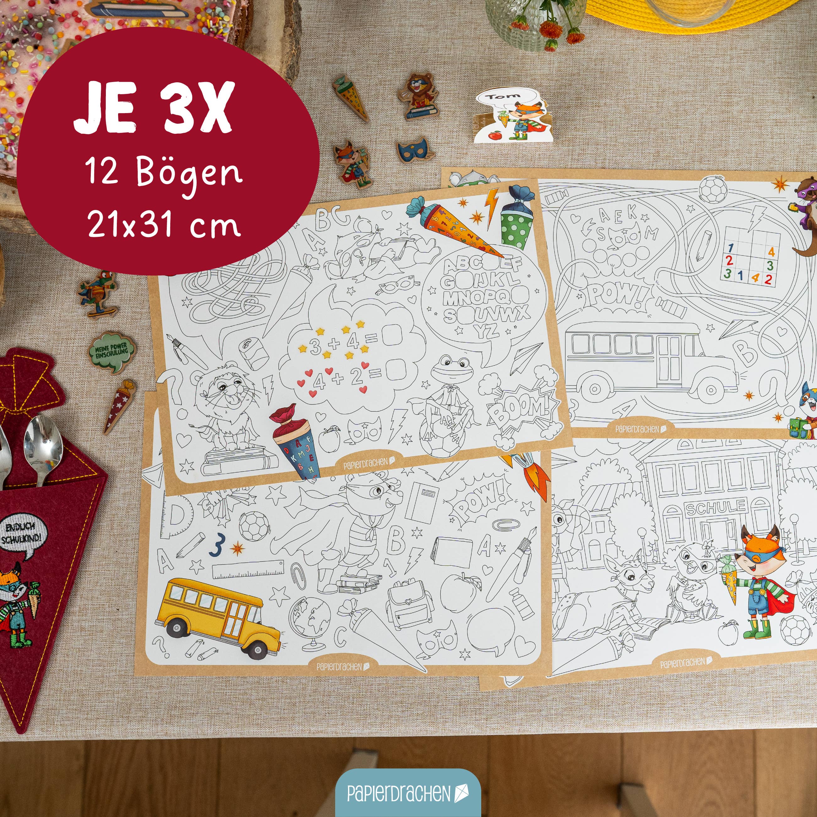 Ausmal-Platzsets Superhelden Tiere – 12 Bögen zum Ausmalen, Set 02
