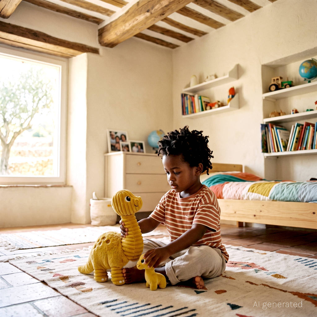 KI-generierte Spielszene: Kind sitzt im Kinderzimmer mit dem gelben Diplodocus-Kuscheltier und seinem Baby
