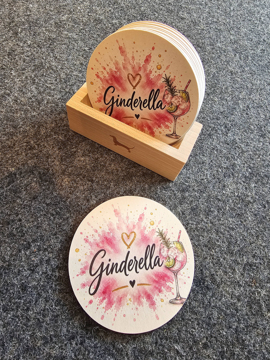 Bierdeckel Ginderella – rund Ø107mm mit Gin Tonic Motiv
