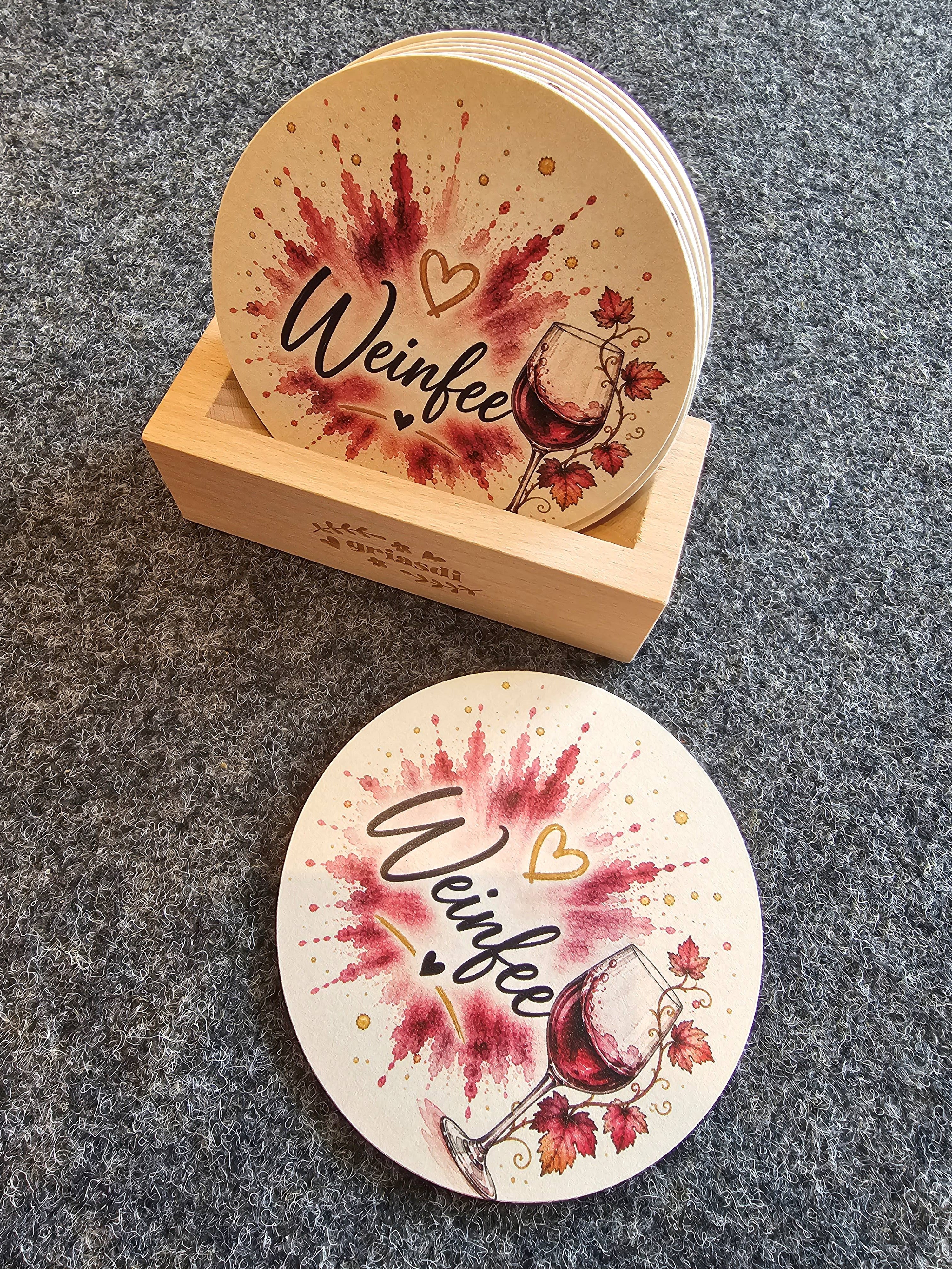 Bierdeckel Weinfee – rund Ø107mm mit Rotwein Motiv