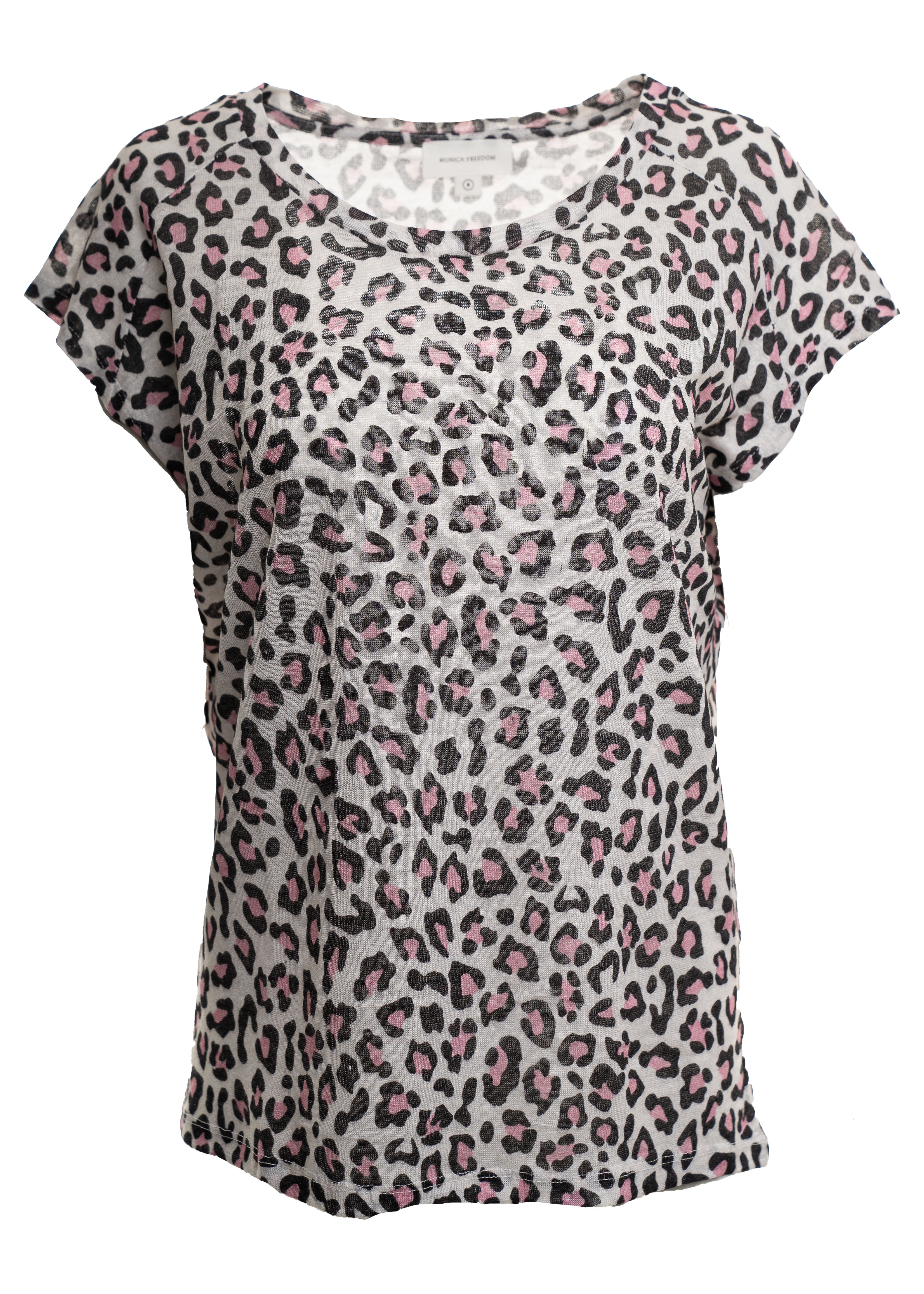 Leinen Shirt mit Rundhals Ausschnitt Leoprint mit Pink