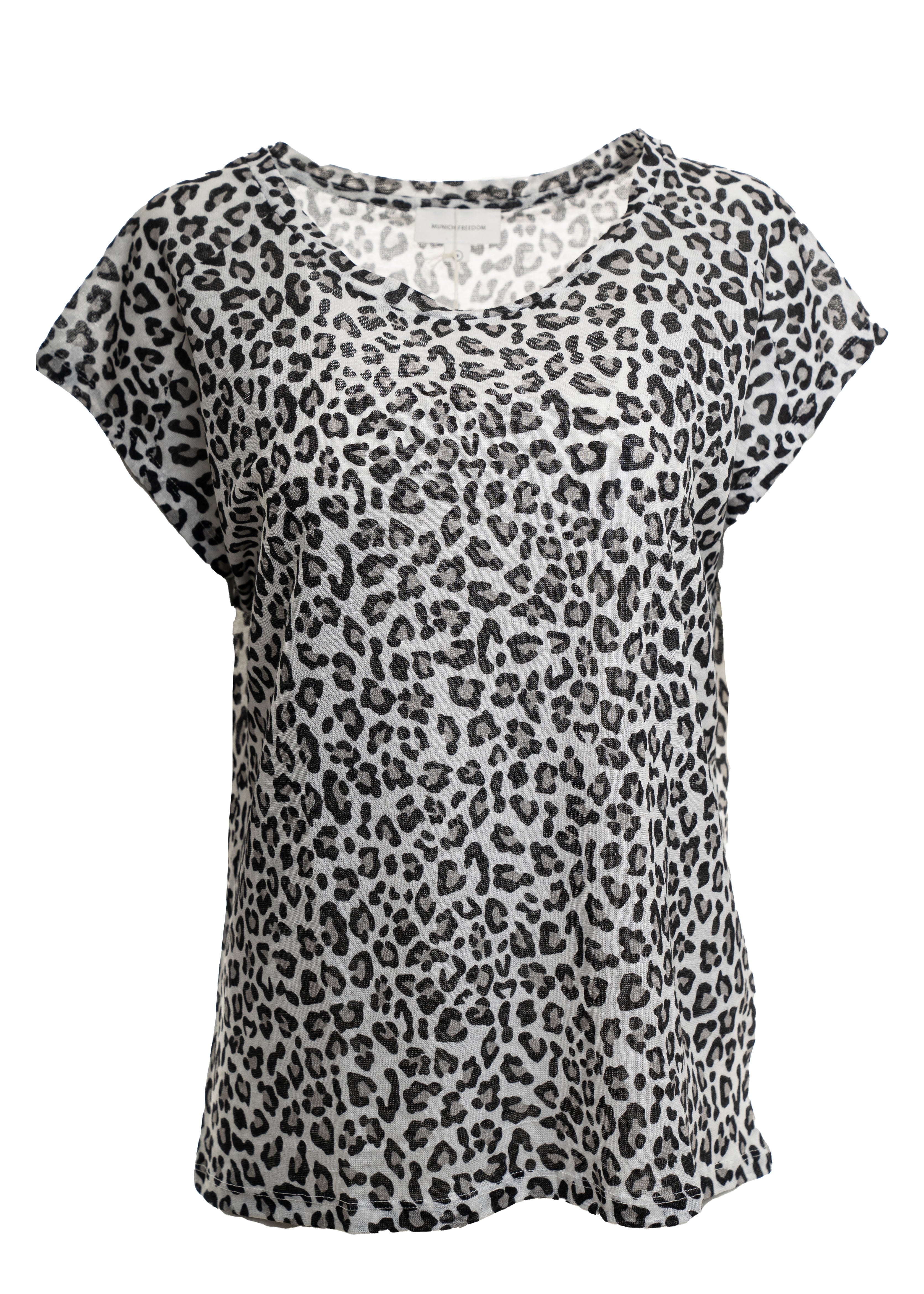Leinen Shirt mit Rundhals Ausschnitt Leoprint grau