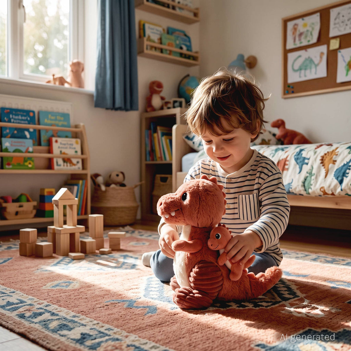 Kind spielt auf einem Teppich im Kinderzimmer mit der korallfarbenen T-Rex-Mama und ihrem Baby
