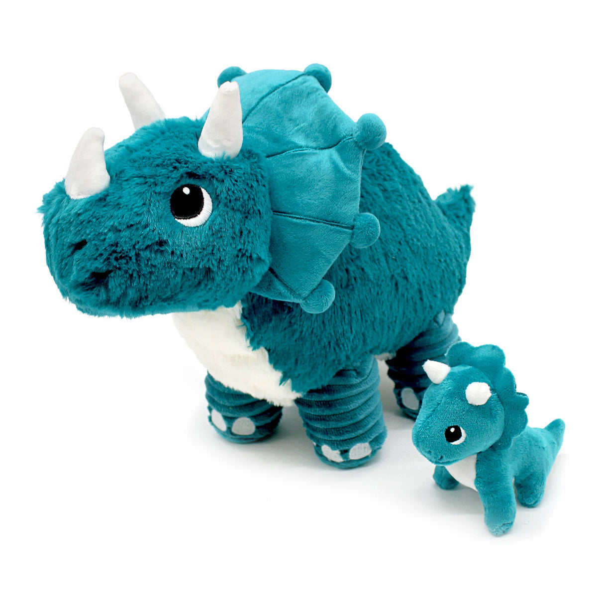 Türkisblaues LES PTIPOTOS Triceratops-Kuscheltier mit weißen Hörnern neben seinem Baby
