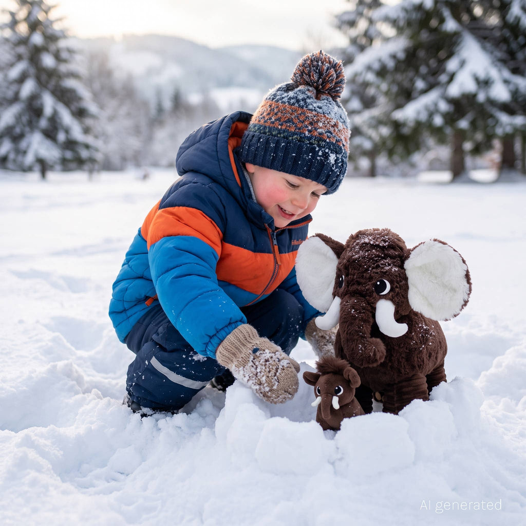 KI-generierte Winterszene: Kind spielt im Schnee mit dem LES PTIPOTOS Mammut und Baby
