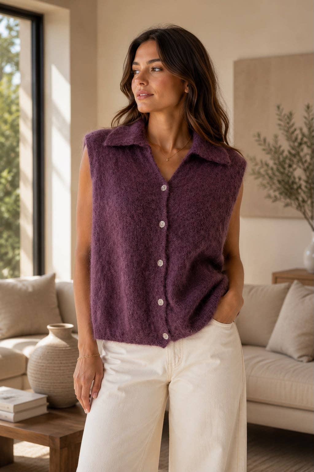 Ärmellose Strickweste mit Hemdkragen in Aubergine – Frontansicht mit Knopfverschluss, getragen von einer Frau in hellem Wohnzimmer