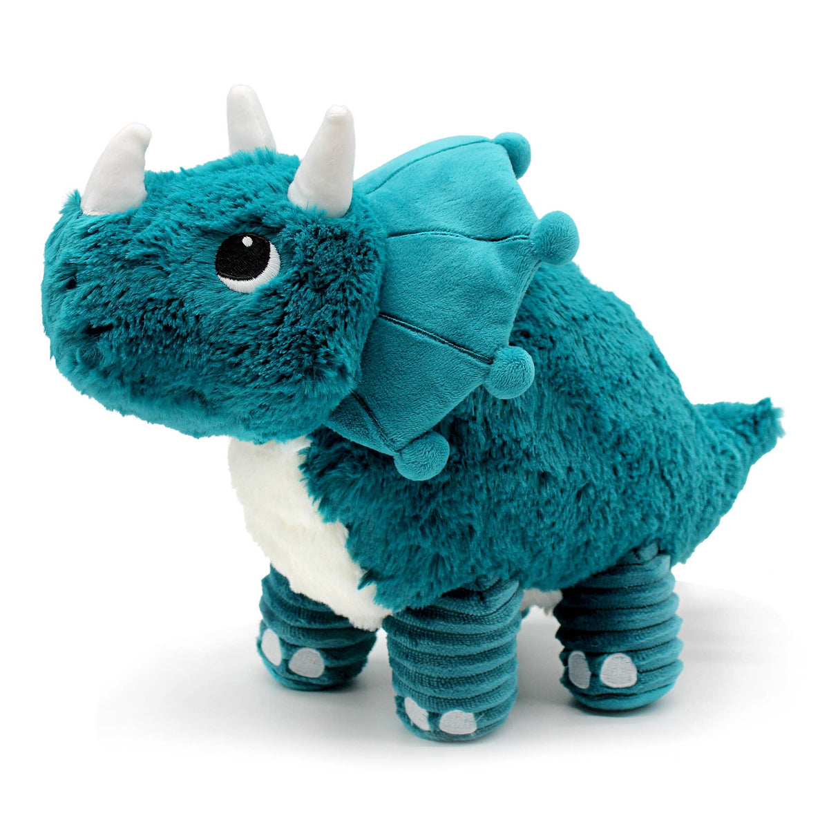 LES PTIPOTOS Triceratops aus türkisblauem Plüsch mit drei weißen Hörnern und großem Nackenschild
