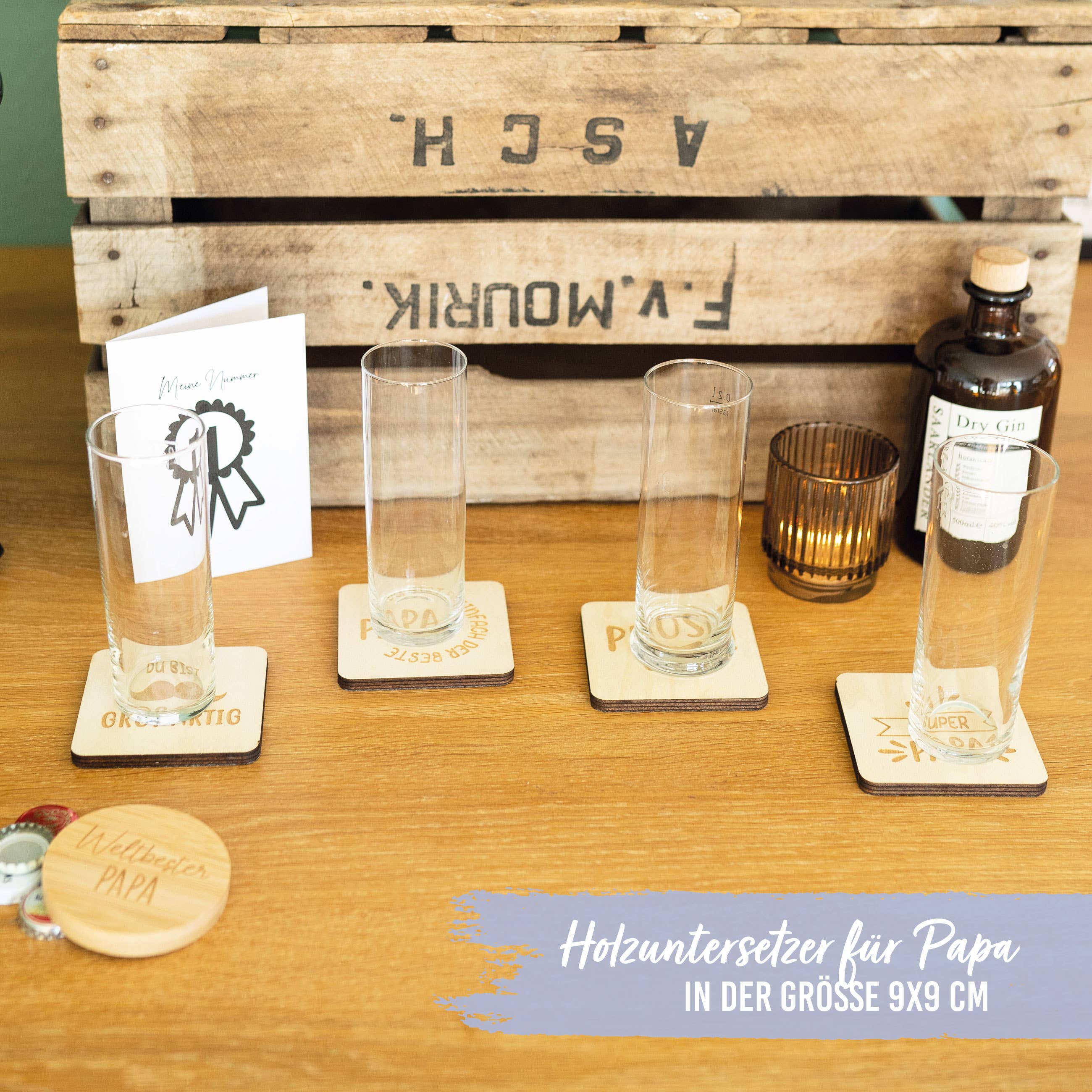 4 Glasuntersetzer aus Holz - Pappelholz - mit Gravur Papa