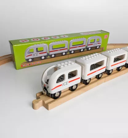 Noppi Zug ICE, kompatibel zu LEGO und BRIO, kleine Eisenbahn mit 4 Waggons