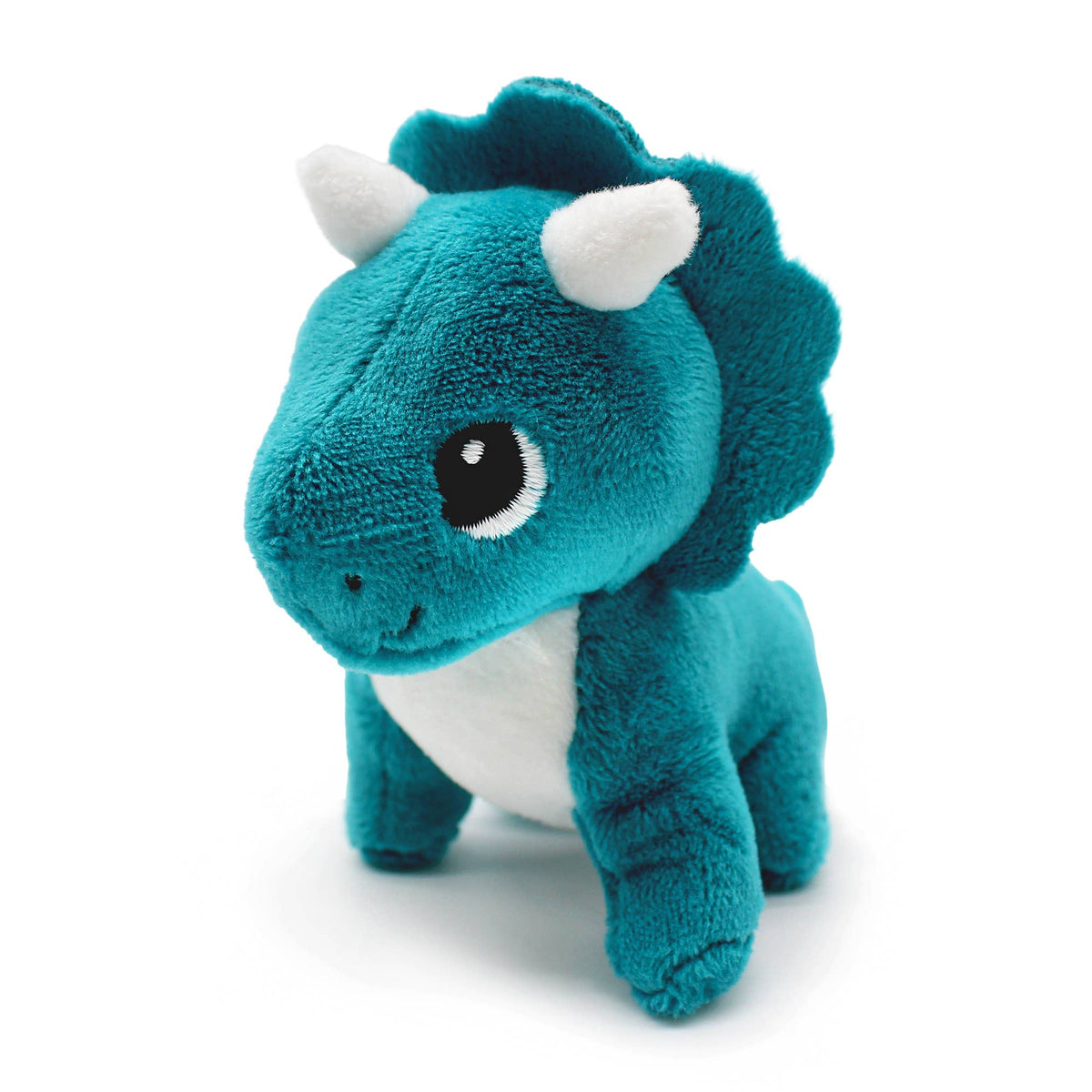Kleines türkisblaues Baby-Triceratops aus Plüsch mit weißen Hörnern und hellem Bauch
