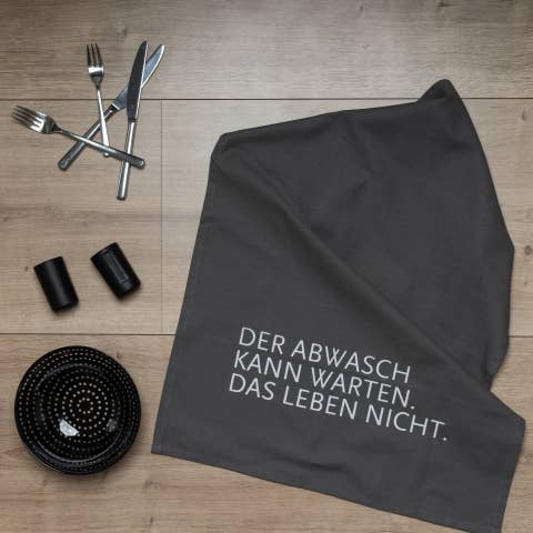 Geschirrtuch „Der Abwasch kann warten“ Grau – Handbedruckt von 17;30