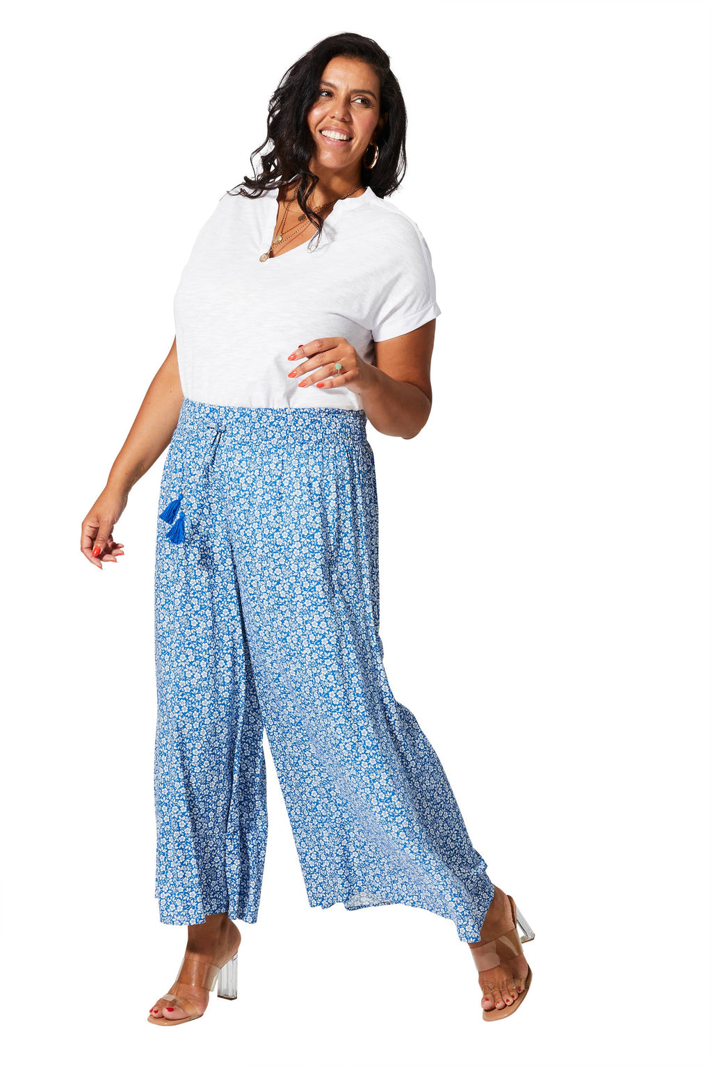 Leichte Sommerhose Blau Weiß – Viskose mit elastischem Bund | Große Größen