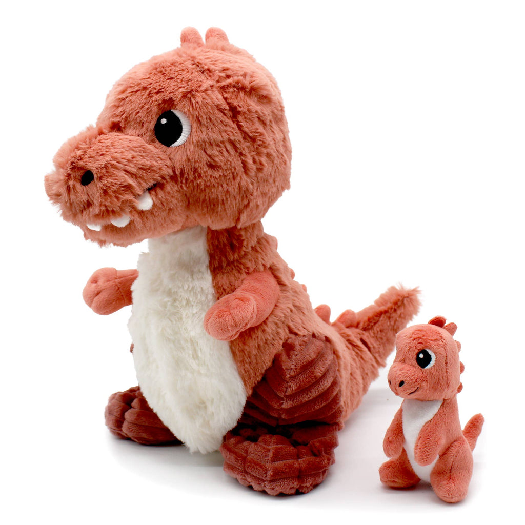 T-Rex-Mama und Baby von LES PTIPOTOS in Koralle mit cremeweißen Bäuchen, schräg von vorne

