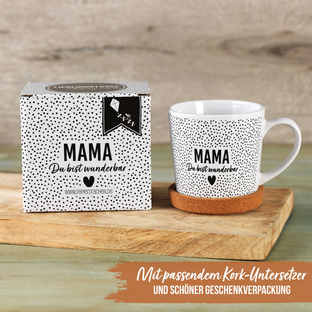 Tasse „Mama du bist wunderbar“ – Keramiktasse mit Motiv & Korkuntersetzer