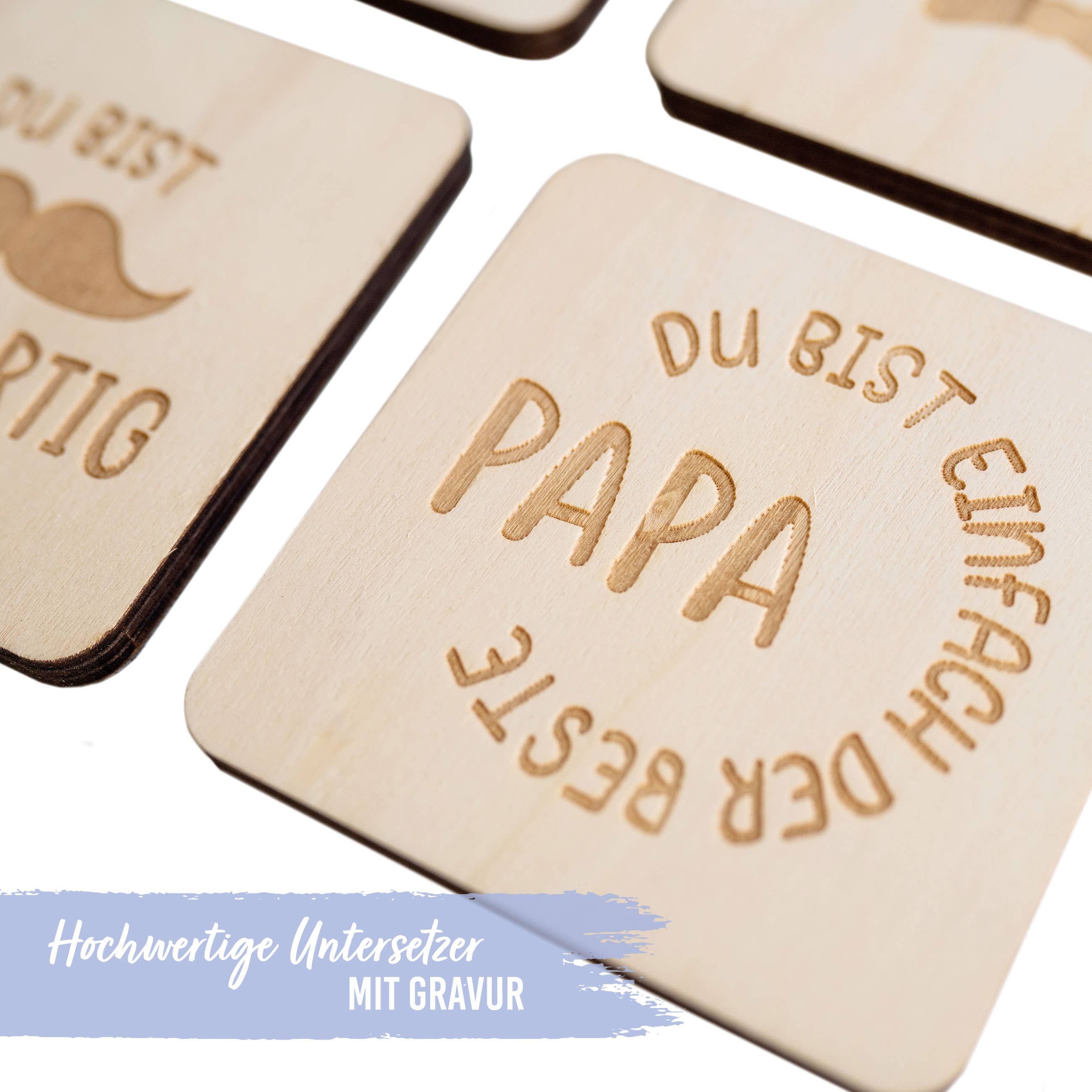 4 Glasuntersetzer aus Holz - Pappelholz - mit Gravur Papa