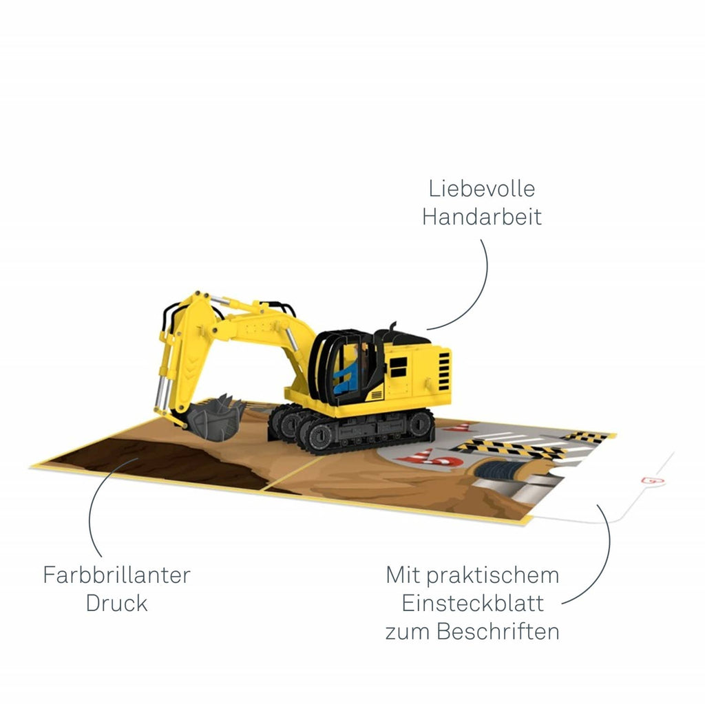 Bagger Pop-Up Karte – 3D Geburtstagskarte 15x20 cm für Kinder & Baggerfans