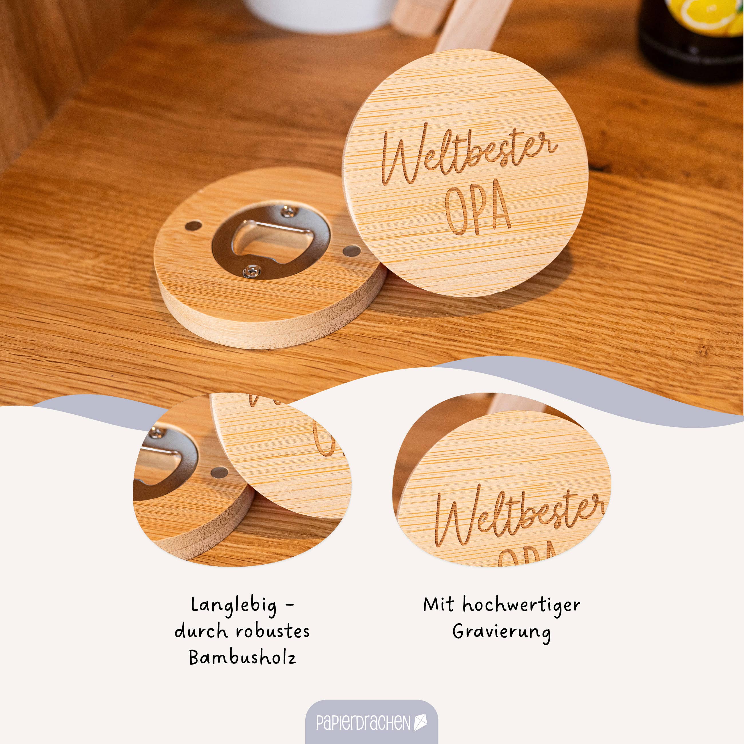 Flaschenöffner aus Holz mit Gravur Opa Set 02