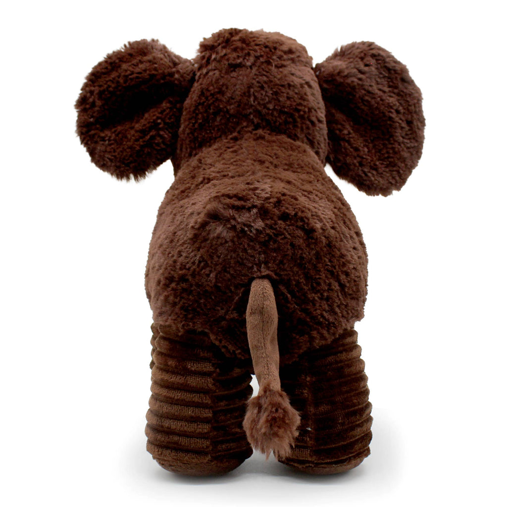 Rückansicht des braunen LES PTIPOTOS Mammut-Kuscheltieres mit flauschigem Fell und Schwanz
