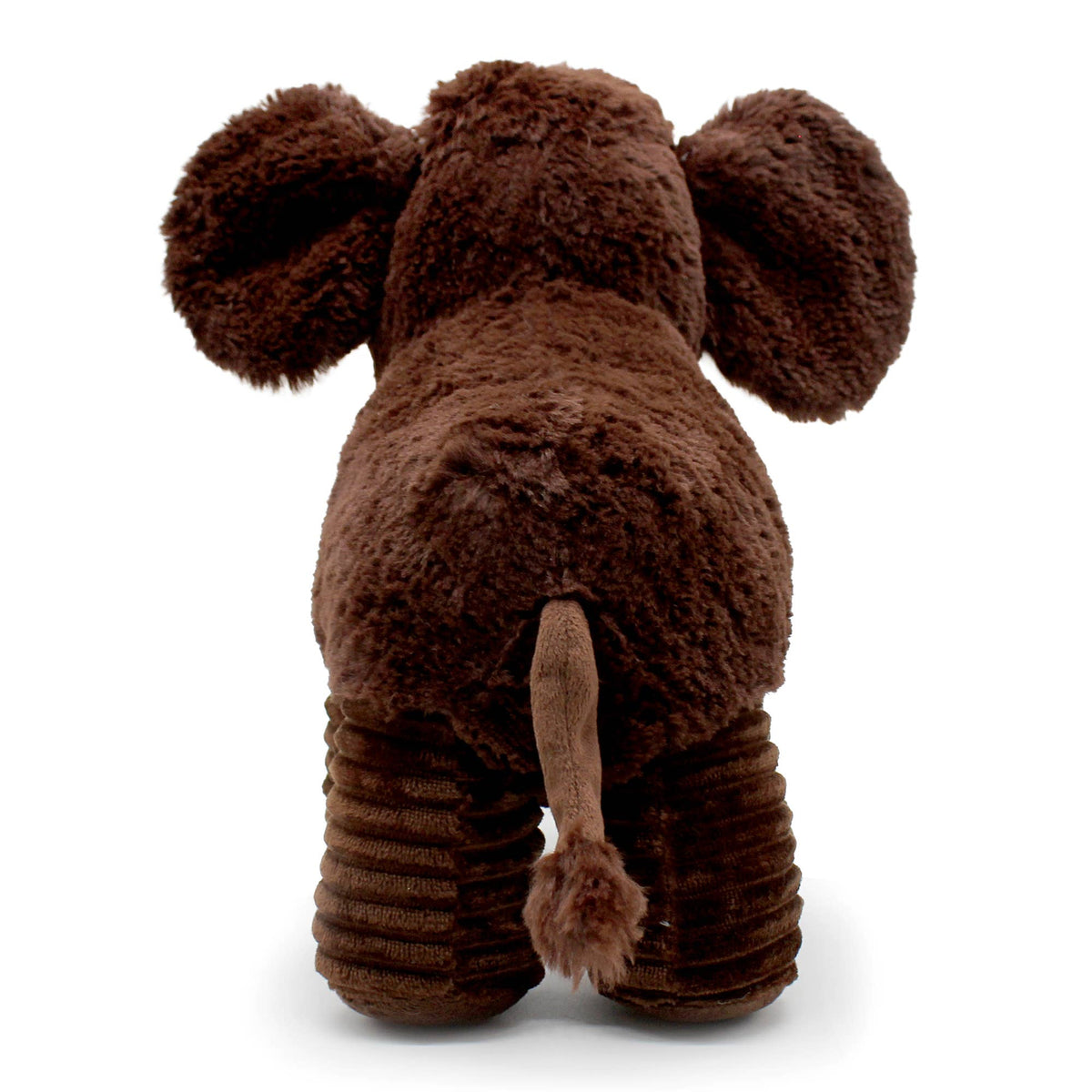 Rückansicht des braunen LES PTIPOTOS Mammut-Kuscheltieres mit flauschigem Fell und Schwanz
