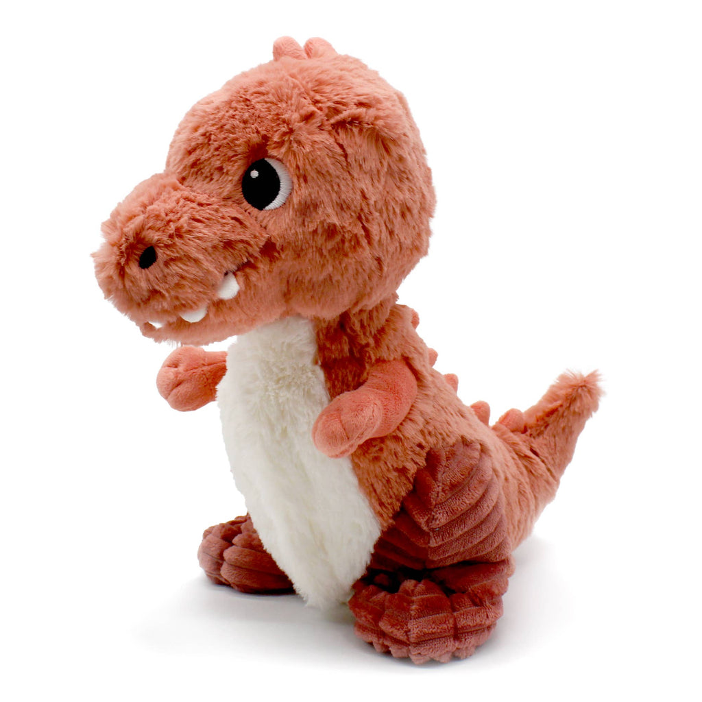 Korallfarbene T-Rex-Mama von LES PTIPOTOS mit cremeweißem Bauch und weißen Zähnchen, schräg von vorne
