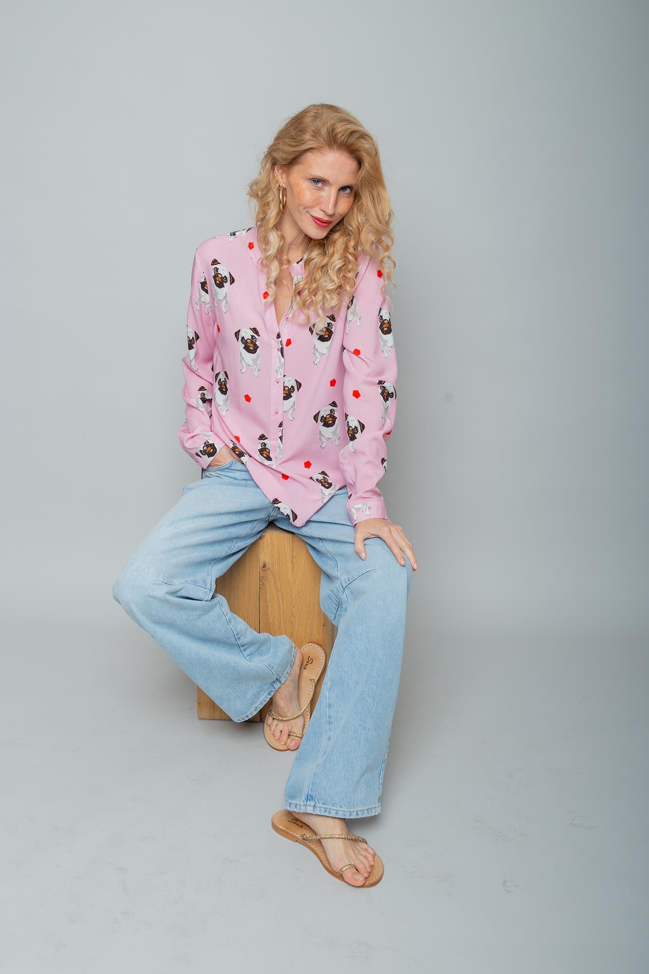 Emily van den Bergh Langarm Bluse in Pink - Hundeliebe - Mops