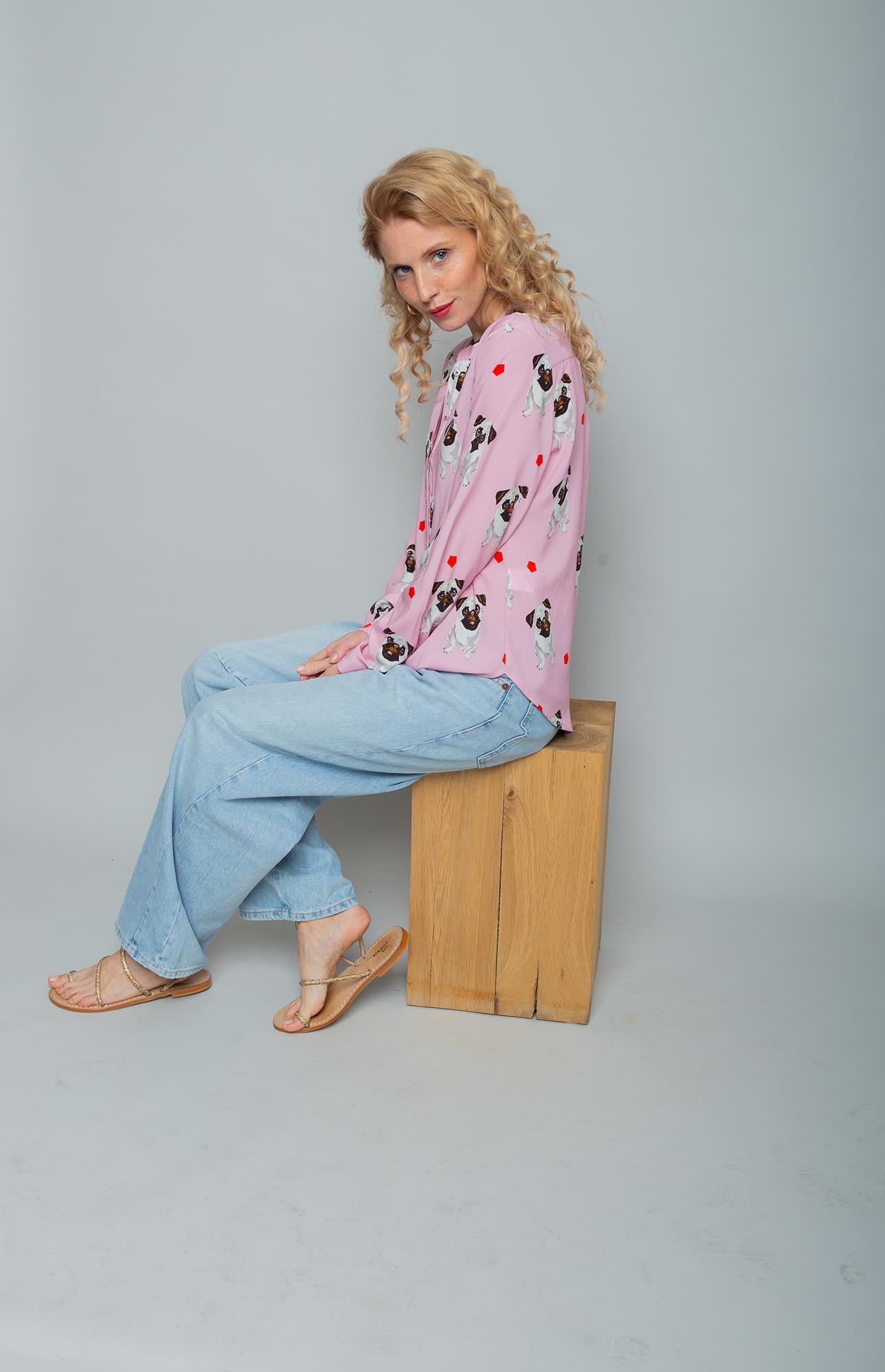 Emily van den Bergh Langarm Bluse in Pink - Hundeliebe - Mops