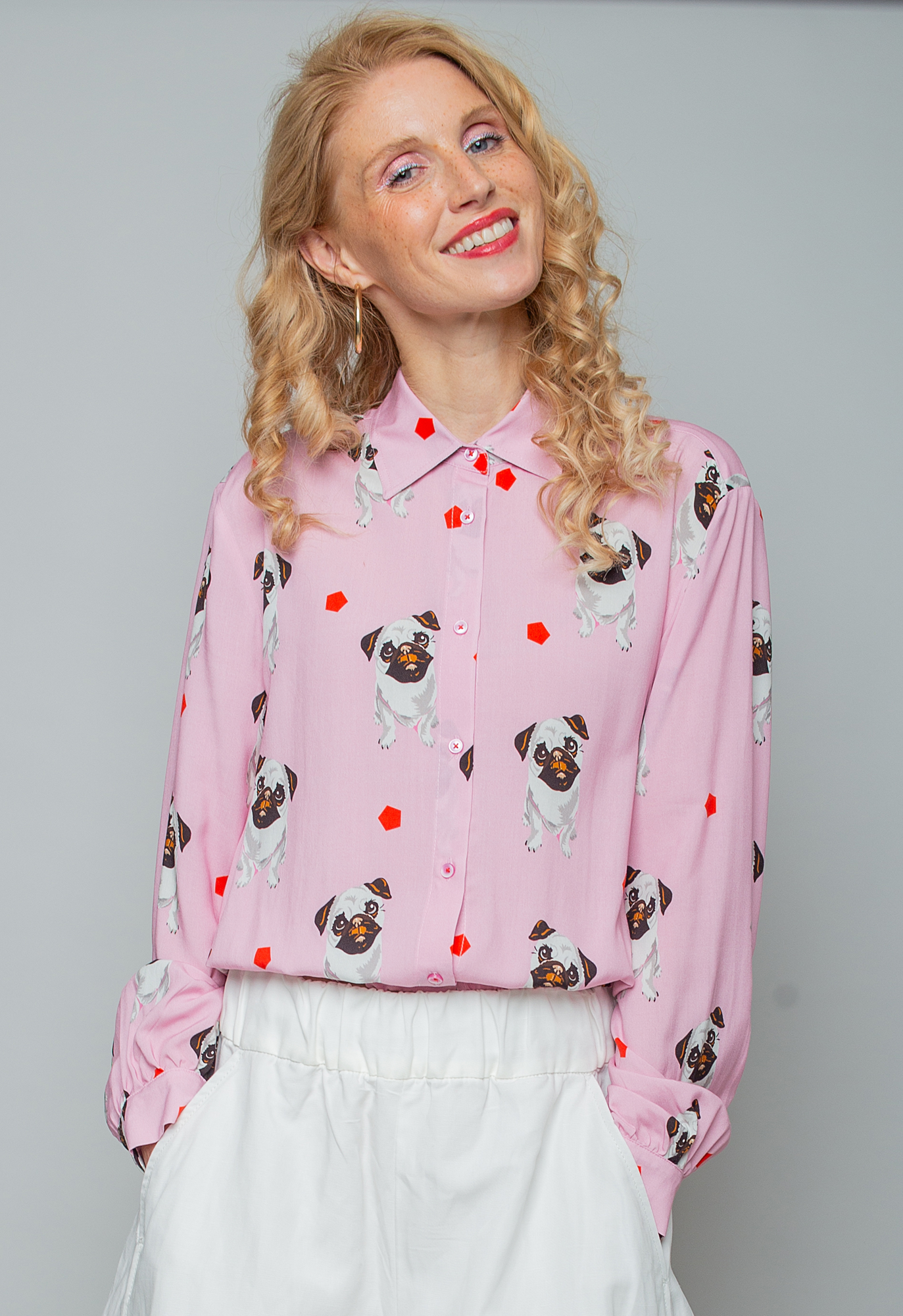 Emily van den Bergh Langarm Bluse in Pink - Hundeliebe - Mops