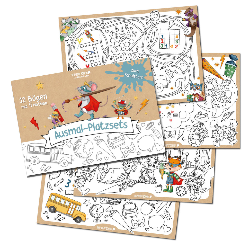 Ausmal-Platzsets Superhelden Tiere – 12 Bögen zum Ausmalen, Set 02