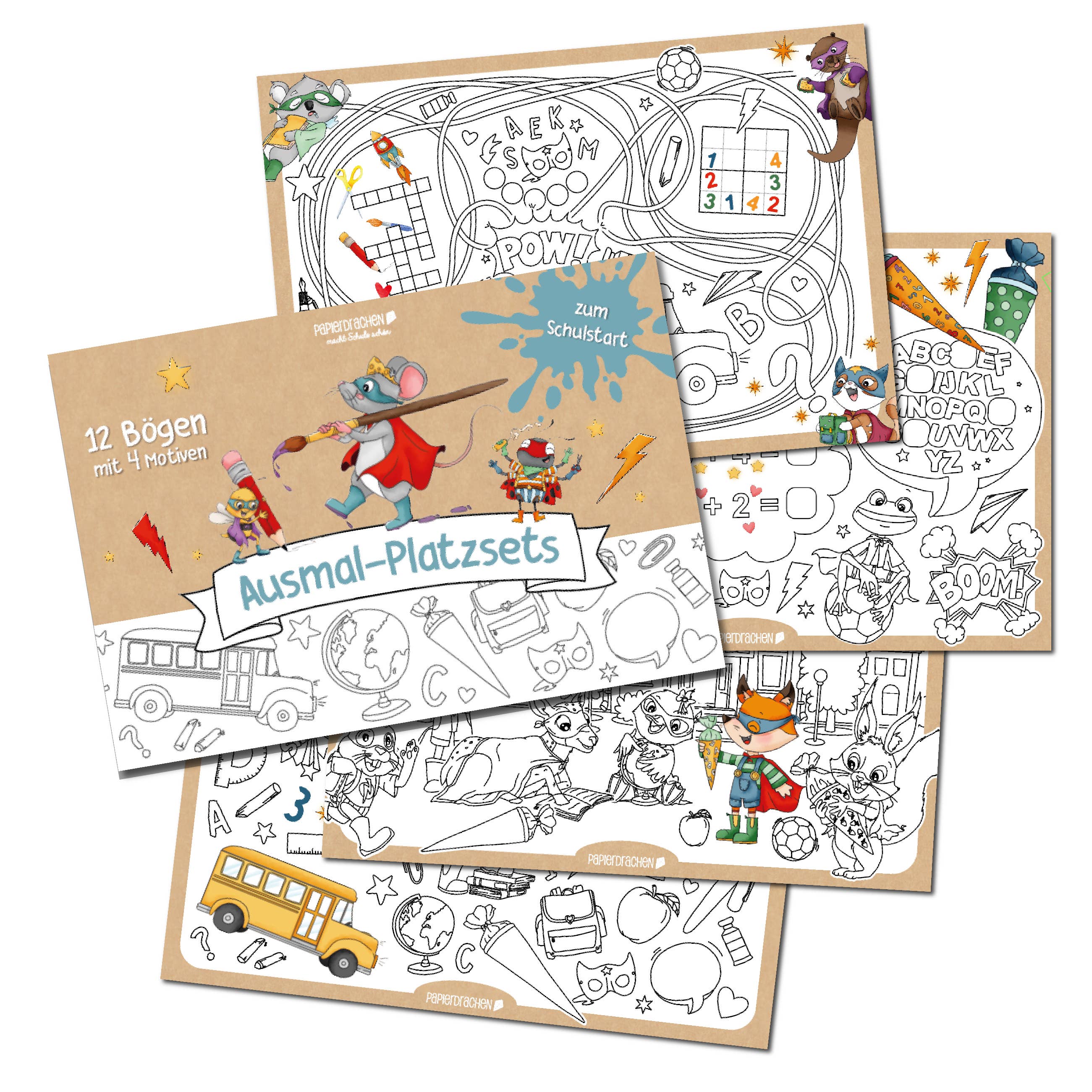 Ausmal-Platzsets Superhelden Tiere – 12 Bögen zum Ausmalen, Set 02