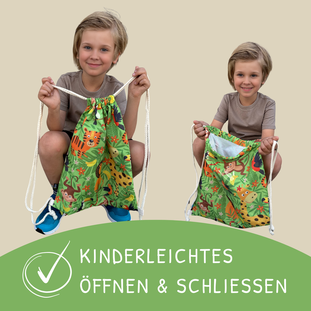Turnbeutel Dschungel mit Sichtfenster – Kinder Sportbeutel 40x32 cm von HECKBO