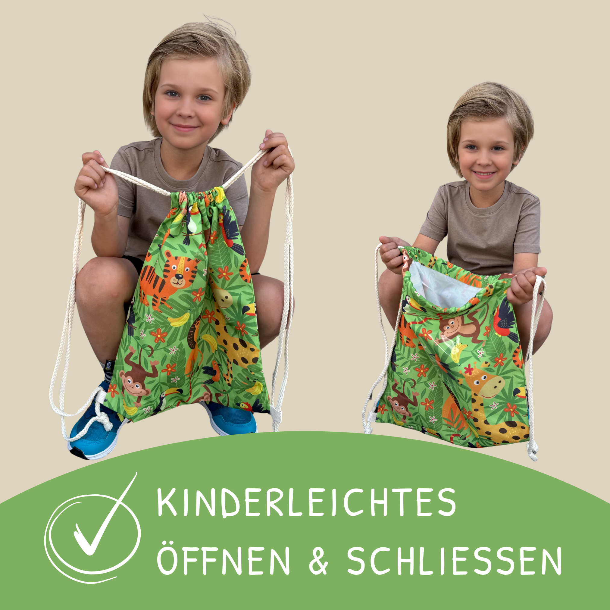 Turnbeutel Dschungel mit Sichtfenster – Kinder Sportbeutel 40x32 cm von HECKBO