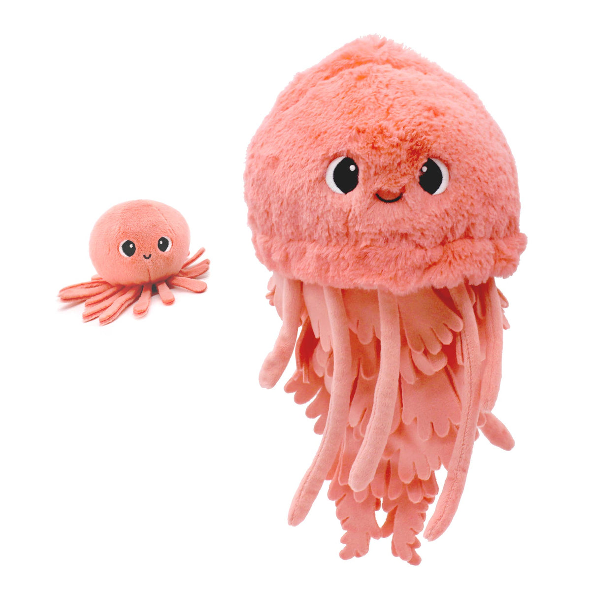 Korallfarbene Quallen-Mama von LES PTIPOTOS mit langen Tentakeln und kleiner Baby-Qualle daneben

