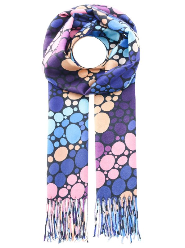 Damen-Schal „Bunte Bubble" von Zwillingsherz – buntes Kreismuster in Blau, Lila und Pink mit Fransen, freigestellt