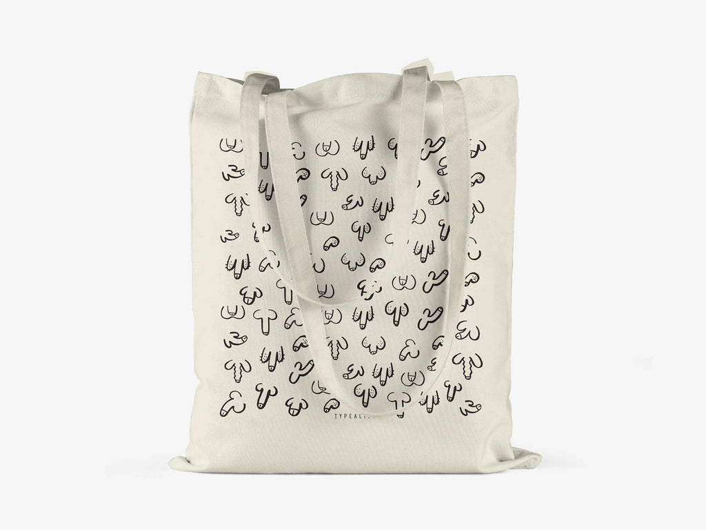 Aufgestellte Baumwolltasche DICKe Freunde von typealive mit langen Henkeln und schwarzem Motiv auf naturfarbenem Stoff.
