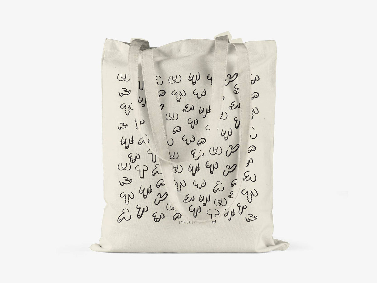 Aufgestellte Baumwolltasche DICKe Freunde von typealive mit langen Henkeln und schwarzem Motiv auf naturfarbenem Stoff.
