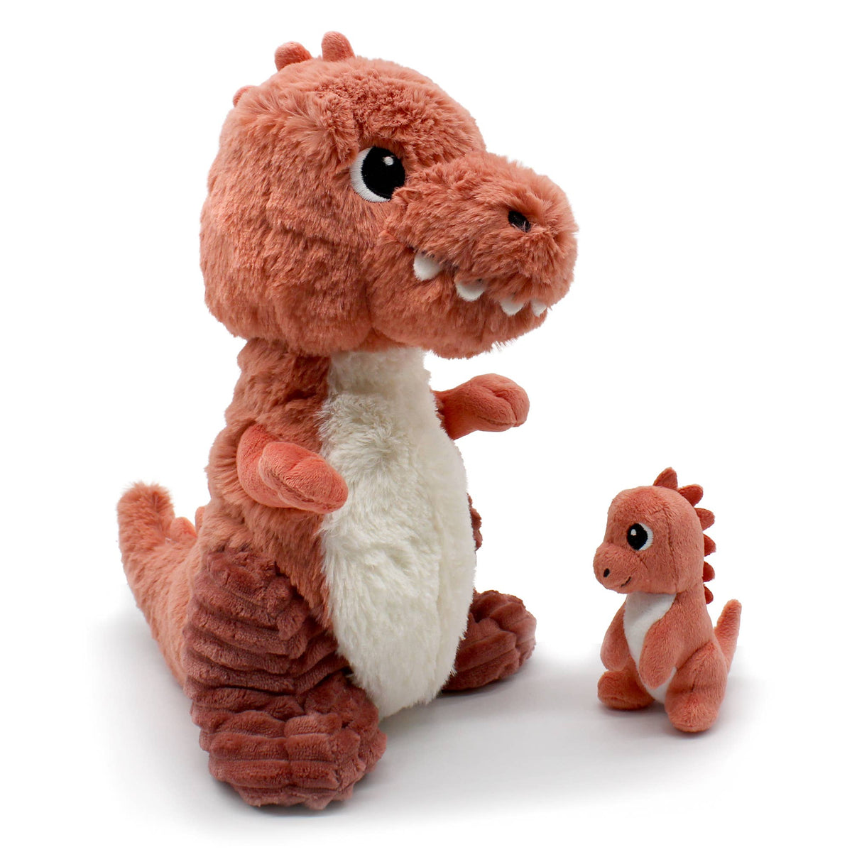 T-Rex-Mama und Baby in Koralle, Mama nach rechts blickend und Baby daneben
