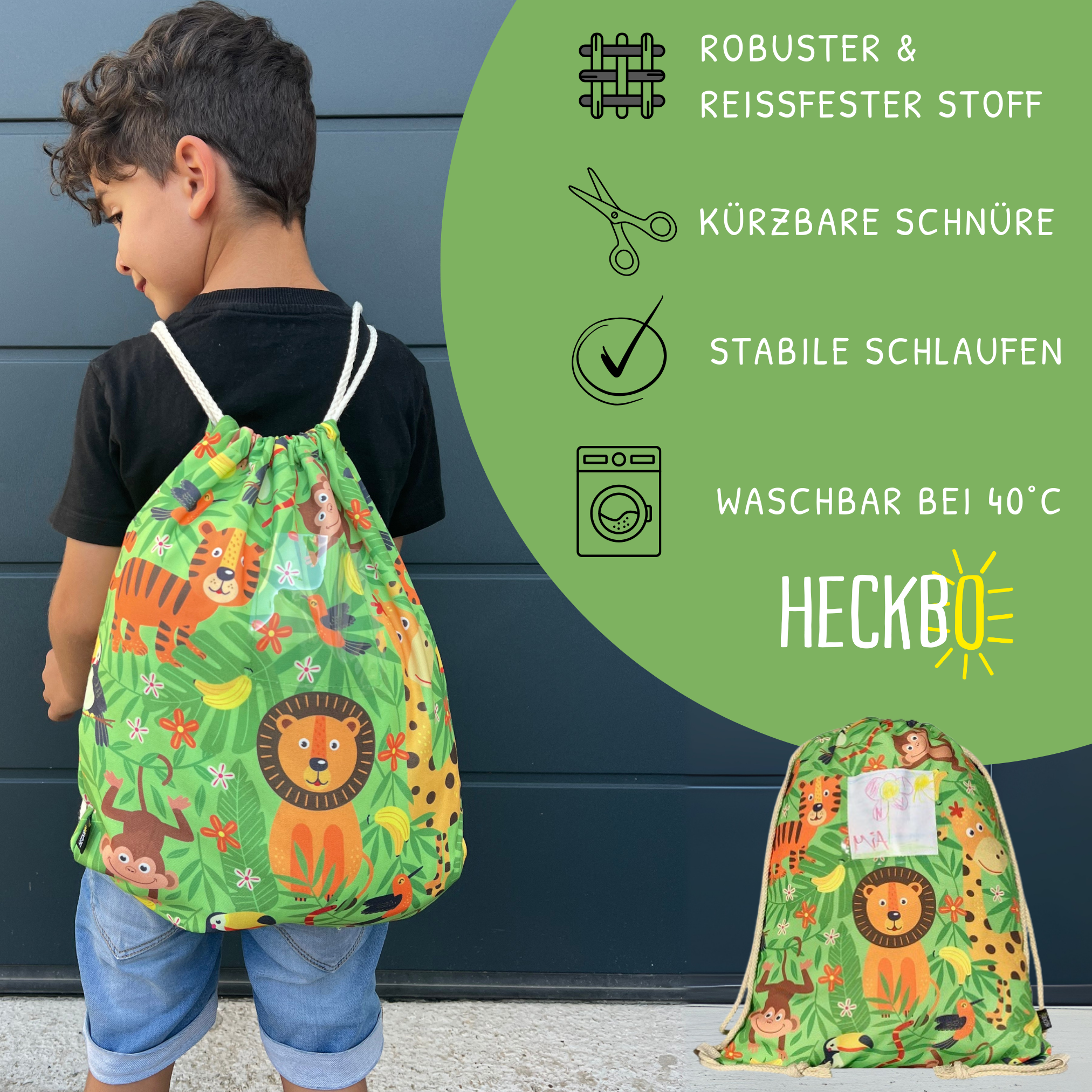 Turnbeutel Dschungel mit Sichtfenster – Kinder Sportbeutel 40x32 cm von HECKBO
