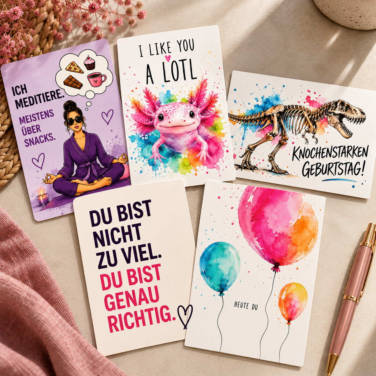 Fünf farbenfrohe Bird of Paradise Cards Postkarten mit humorvollen Sprüchen und Aquarellmotiven, darunter Axolotl, Dinosaurier und Luftballons – individuell kombinierbares Postkarten-Set mit 5 oder 10 Wunschkarten.