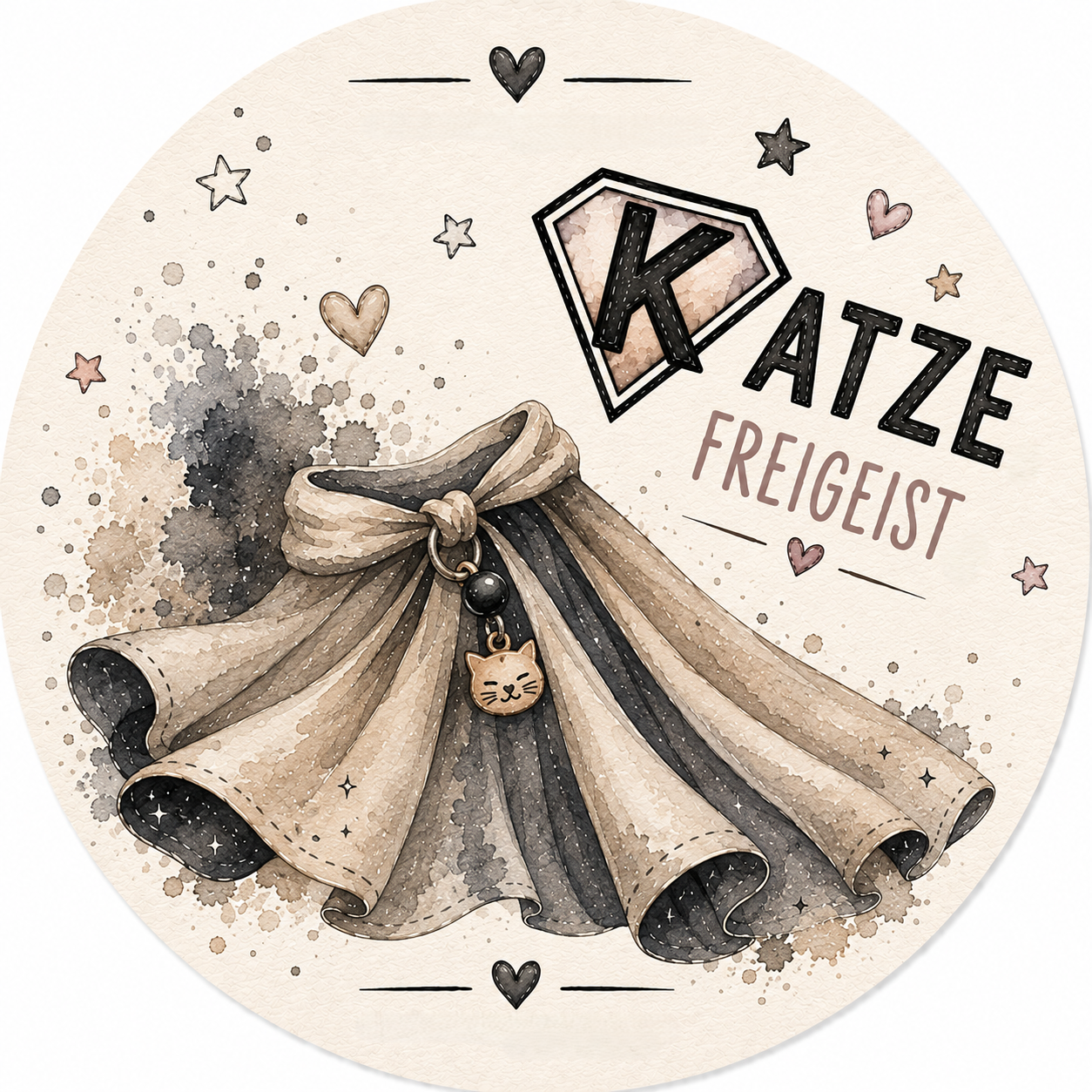Bierdeckel Katze – Freigeist, Aquarell-Look grau mit Superheldenumhang 