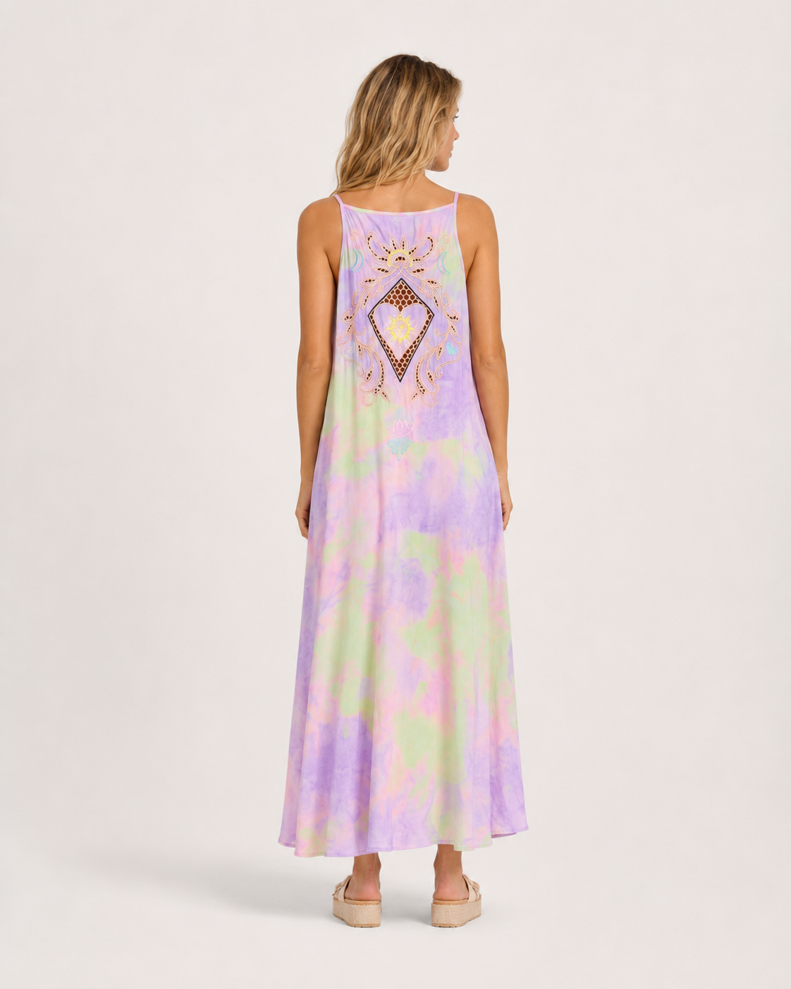 Langes besticktes Kleid mit dünnen Trägern