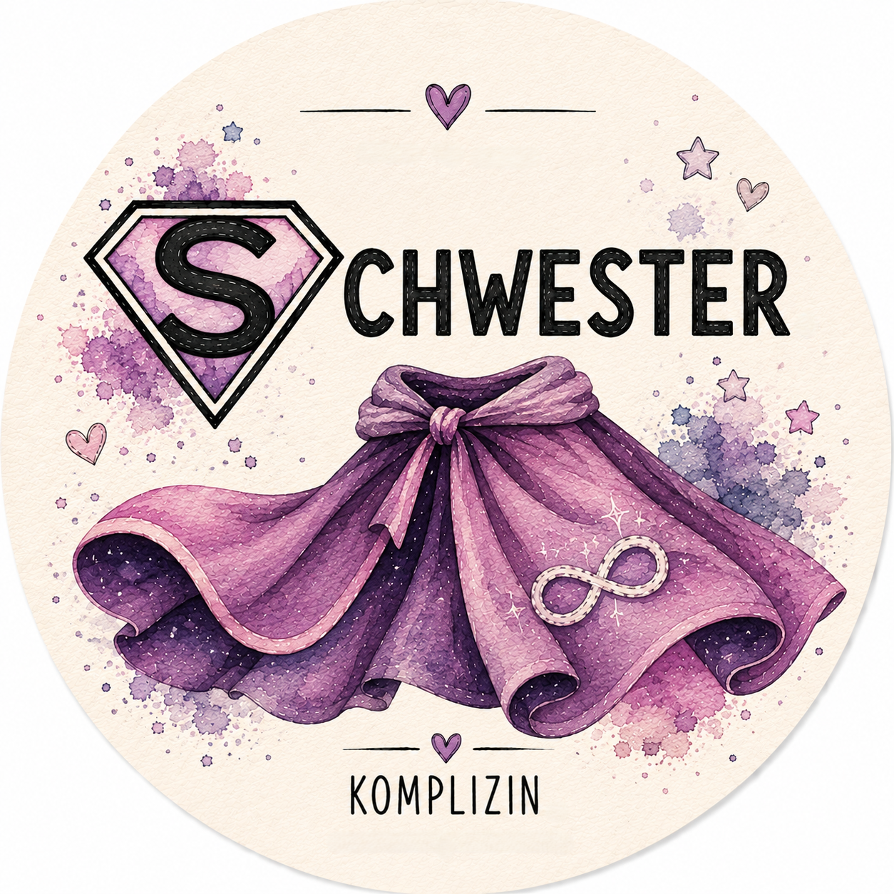 Bierdeckel Schwester – Komplizin, Aquarell-Look lila mit Superheldenumhang