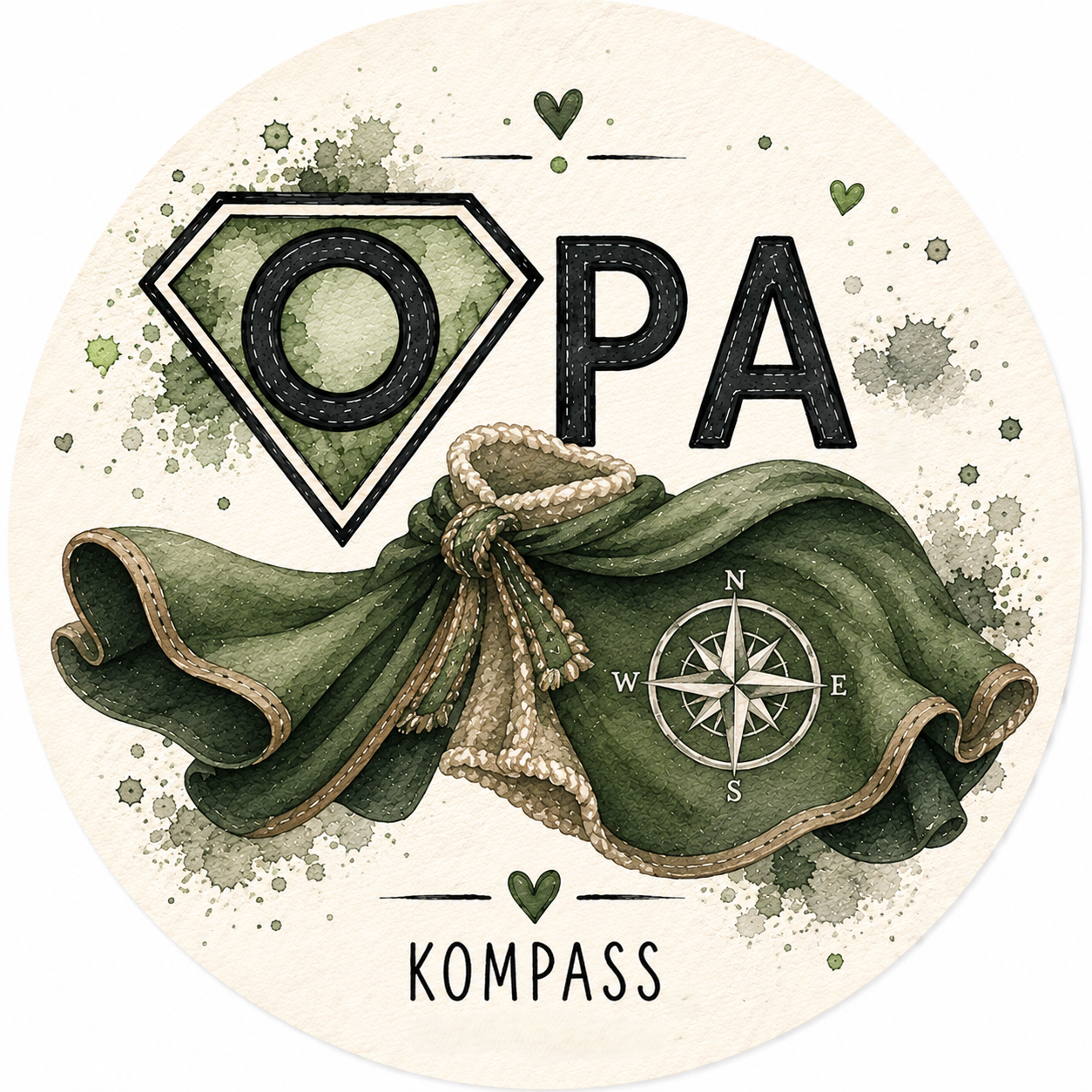 Bierdeckel Opa – Kompass, Aquarell-Look grün mit Superheldenumhang
