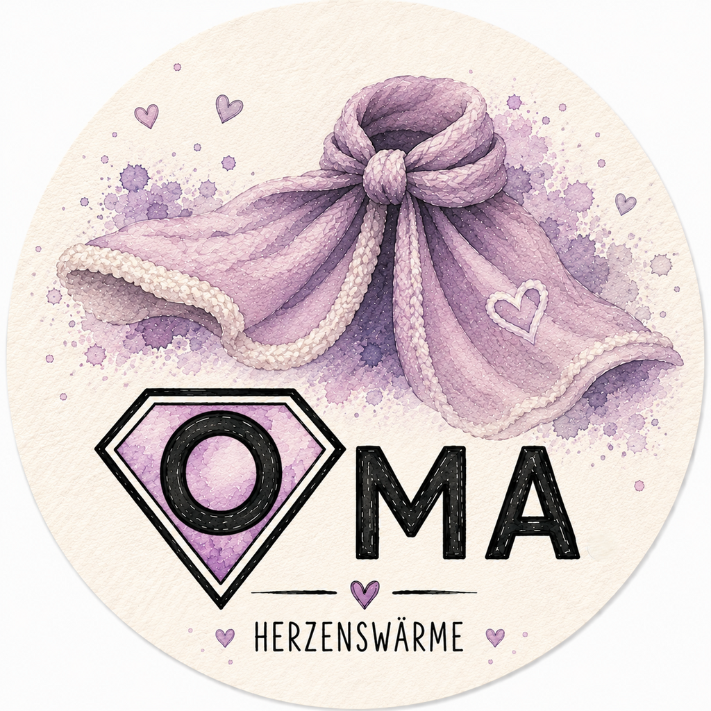 Bierdeckel Oma – Herzenswärme, Aquarell-Look lila mit gestricktem Umhang