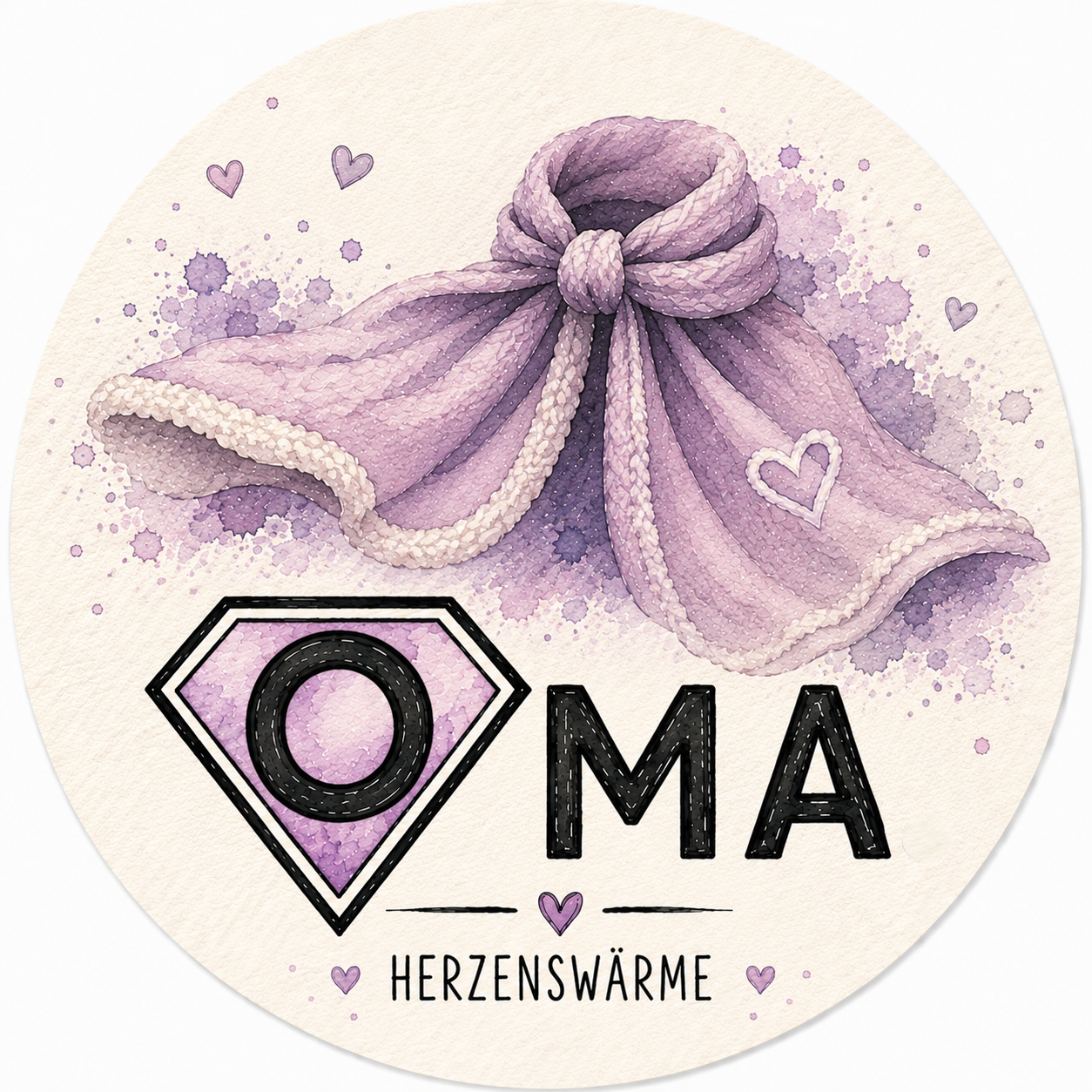 Bierdeckel Oma – Herzenswärme, Aquarell-Look lila mit gestricktem Umhang